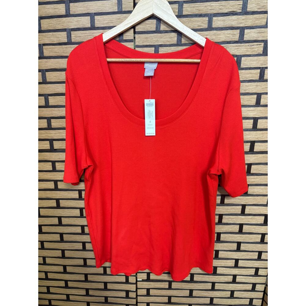 Chico's Red/Orange Ribbed Scoop Neck Tee Size 4 (Size 2X)